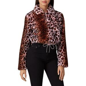 Kendall + Kylie Faux Fur Pink Leopard Print Half Zip Jacket - Size Small